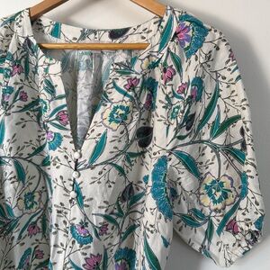 LOFT NWOT Floral V-Neck Puff Sleeve Midi Dress Medium White Blue Green Boho